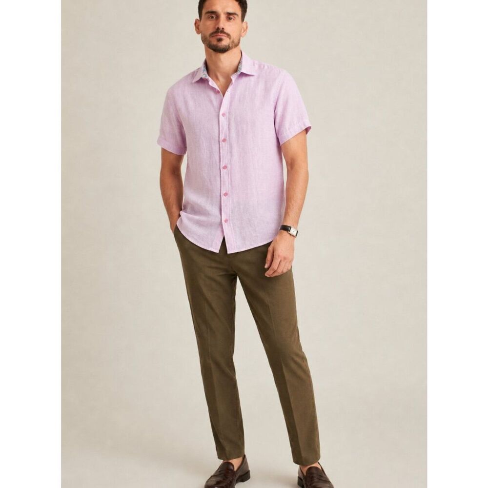 Bertigo Men’s S Pink 100% Linen Short Sleeve Button Up Shirt Summer Casual Smart